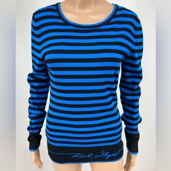 NWT Karl Lagerfeld Paris Signature Black/Blue Knit Sweater Size M - Picture 1 of 10